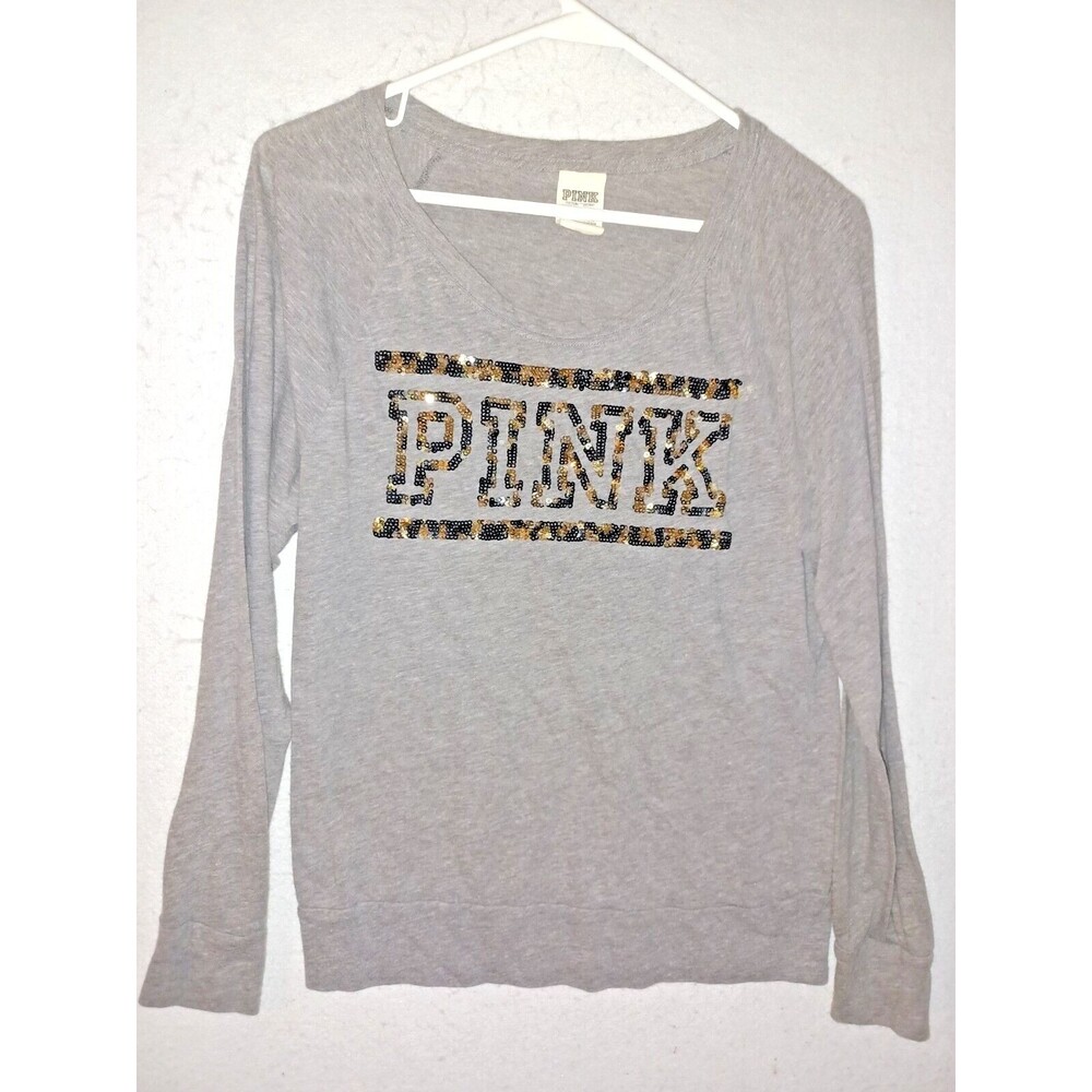 Victoria Secret PINK Tshirt S Long Sleeve Womens Top Tee Logo Sequin Bling gray